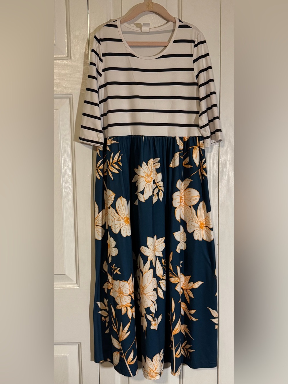 Girls Navy Floral Maxi Dress with Striped Cream Top